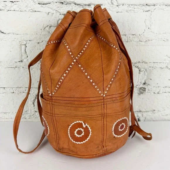 VTG Genuine Leather Drawstring Whipstitch Patchwork Bucket Bag Vintage - Picture 5 of 12